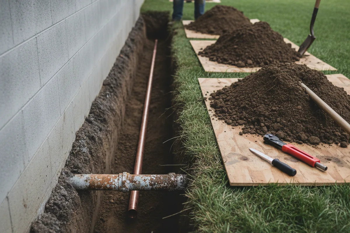 Excavated water line trench during Water Softener Installation in Dallas